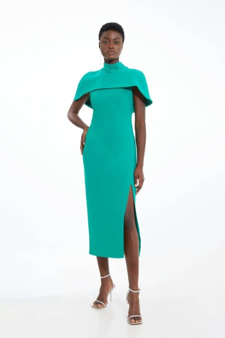 Red Compact Stretch Caped Cap Sleeved Neck Tie Tailored Midi Dress Women Karen Millen Tailoring