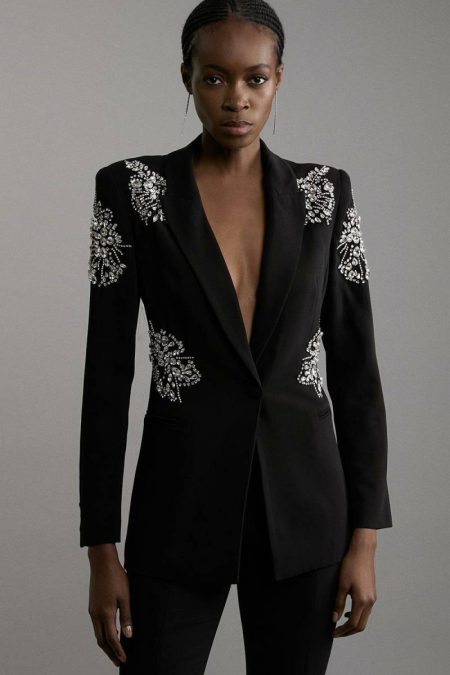 Red Crystal Embellished Tailored Single Breasted Longline Blazer Women Tailoring Karen Millen