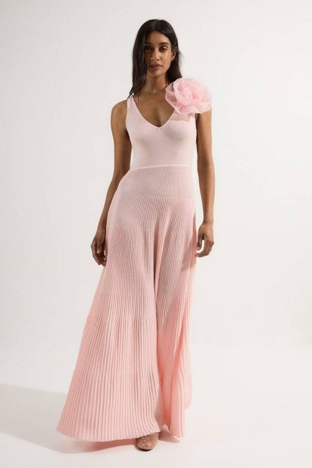 Red Karen Millen Women Maxi Dresses Viscose Blend Knit Corsage Detail Maxi Dress