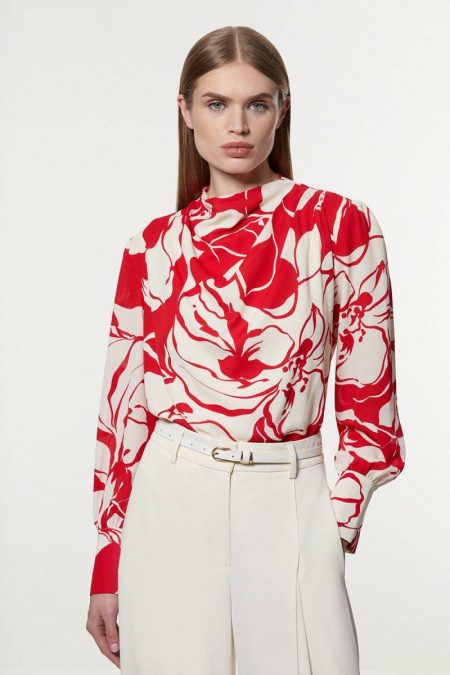 Red Printed Woven High Neck Blouse Tailoring Karen Millen Women