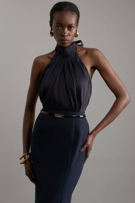 Red Slub Organdie Halter Pussy Bow Woven Top Women Karen Millen Tailoring
