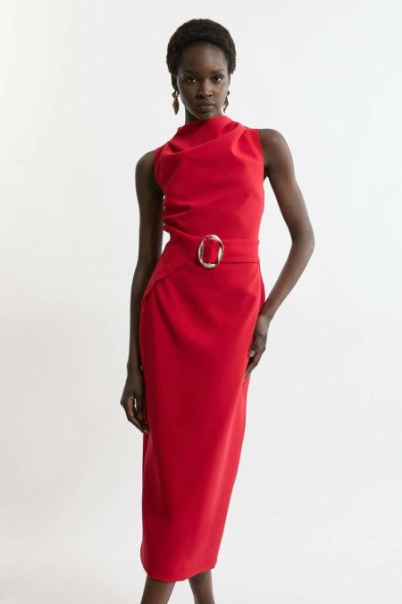 Red Tailoring Karen Millen Soft Tailored Drape Detail Sleeveless Tailored Midi Dress Women