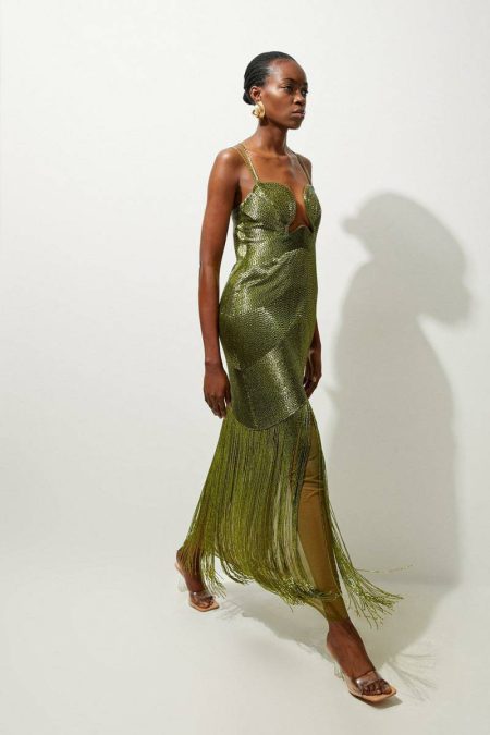Red Tailoring Karen Millen Women Petite Premium Embellished Draped Beaded Strappy Midi