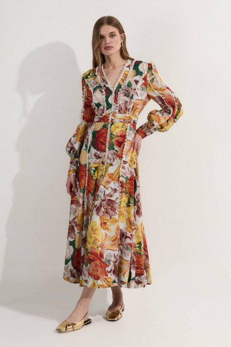 Red Trailing Floral Woven Plunge Maxi Dress Maxi Dresses Karen Millen Women