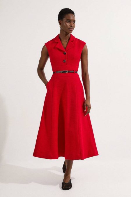 Red Women Midi Dresses Petite Textured Tweed Belted Full Skirted Midi Dress Karen Millen