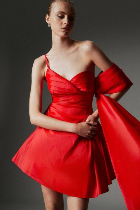 Red Women Tailoring Archive Collection - Petite Taffeta Draped Shoulder Mini Dress Karen Millen