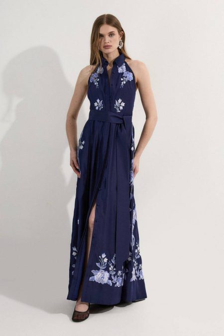 Rose Embroidered Cotton Voile Midi Halter Dress Navy Karen Millen Midi Dresses Women