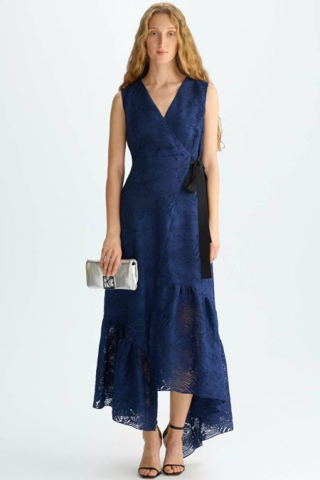 Ruffled-Hem Fil Coupé Fitted Midi Dress Purificacion Garci Navy Women Evening