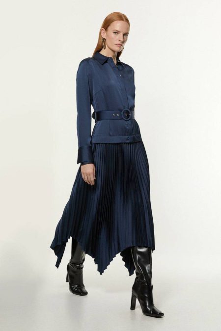 Satin Back Crepe Woven Pleat Shirt Dress Karen Millen Maxi Dresses Women Navy