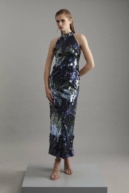 Sequin Halter Maxi Dress Women Tailoring Navy Karen Millen