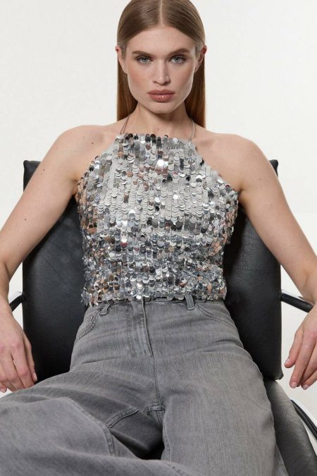 Sequin Halterneck Cami Women Karen Millen Silver Tailoring