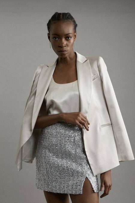 Sequin Metallic Boucle Belted Tailored Mini Skirt Skirts Silver Karen Millen Women