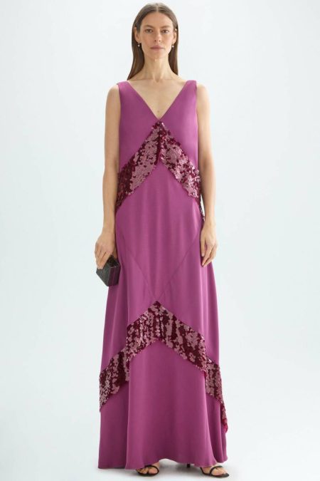 Sequinned Satin A-Line Long Dress Purificacion Garci Evening Women Purple