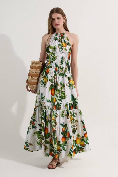Shirred Cotton Tiered Fruit Print Halter Neck Woven Maxi Dress Karen Millen Multi Maxi Dresses Women