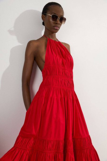 Shirred Cotton Tiered Halter Neck Woven Maxi Dress Red Maxi Dresses Women Karen Millen