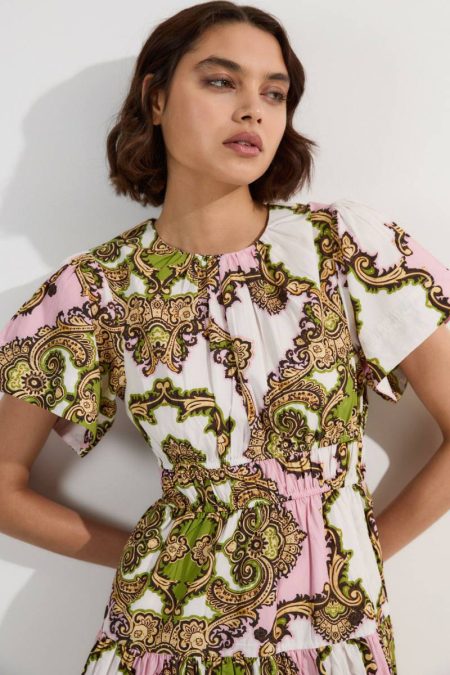 Shirred Cotton Tiered Tile Print Woven Mini Dress Karen Millen Women Multi Mini Dresses