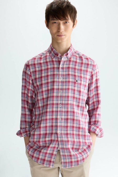 Shirts Red/Multicolour Men Madras Check Linen Shirt Purificacion Garci
