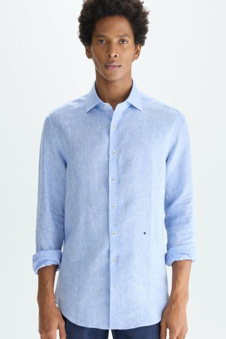 Shirts Spread Collar Linen Shirt Purificacion Garci Men Sky Blue