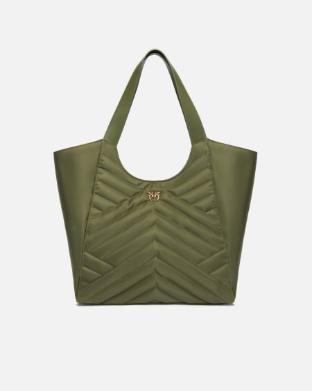 Shopper Bag In Puzzle-Quilted Recycled Fabric Wren Brown-Antique Gold Pinko Shoulder Bags