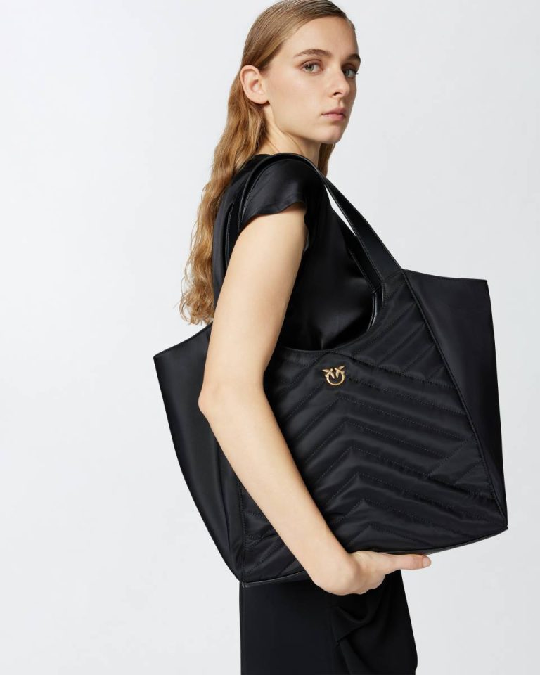 Shopping Bags Black-Antique Gold Pinko Shopper Bag In Puzzle-Quilted Recycled Fabric - Image 5