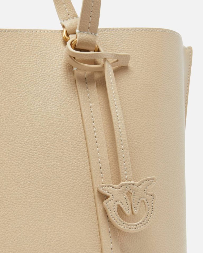 Shopping Bags Pinko Beige-Smoke Grey-Antique Gold Large Leather Shopping Bag - Image 3