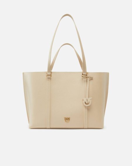 Shopping Bags Pinko Beige-Smoke Grey-Antique Gold Large Leather Shopping Bag