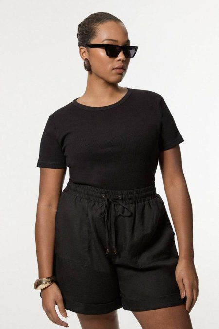 Shorts Karen Millen Women Plus Size Viscose Linen Tie Waist Woven Short Black