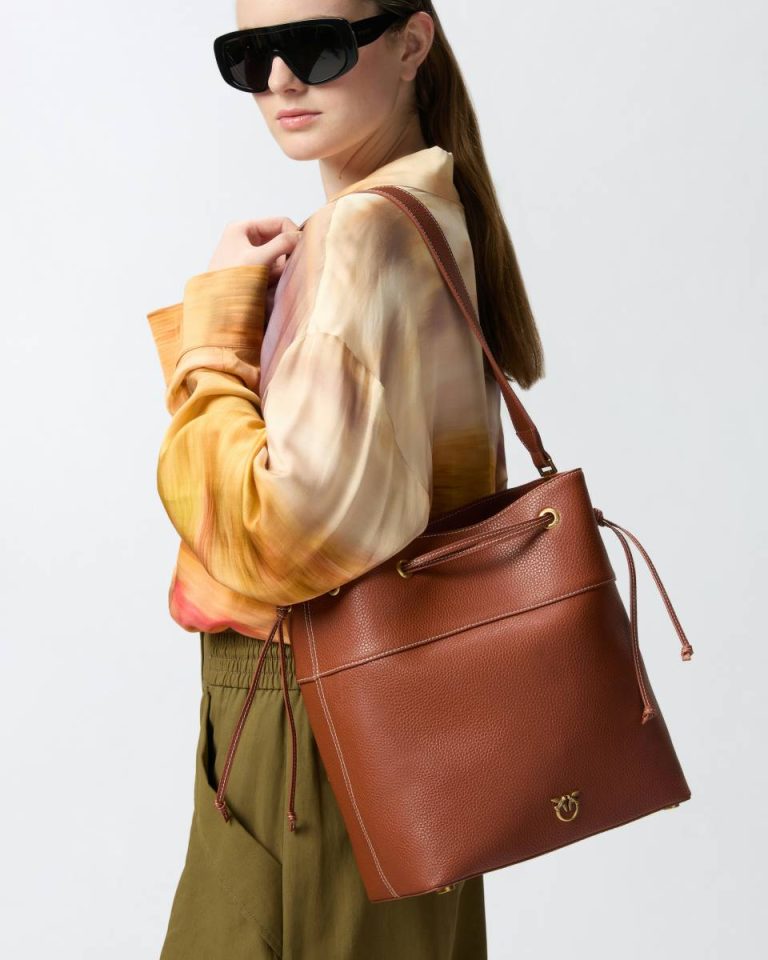 Shoulder Bags Arab-Antique Gold Pinko Leather Bucket Bag With Shoulder Strap - Image 5