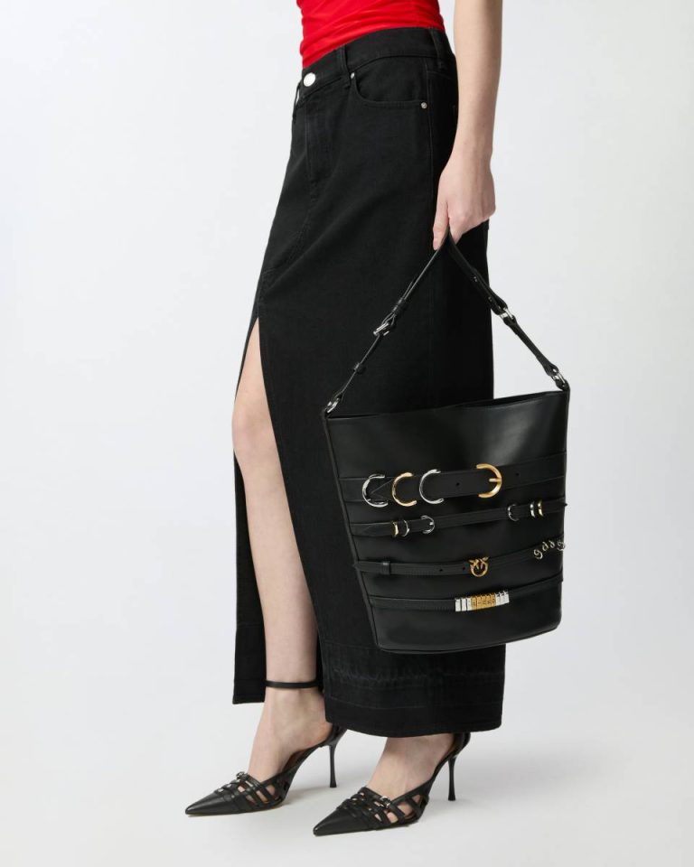 Shoulder Bags Limousine Black Large Leather Bucket Bag With Straps Pinko - Image 5