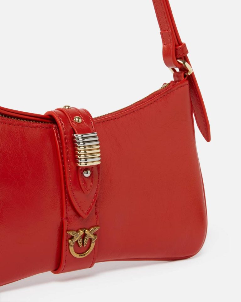 Shoulder Bags Pinko Glossy Leather Shoulder Bag With Rings Red-Antique Gold - Image 3