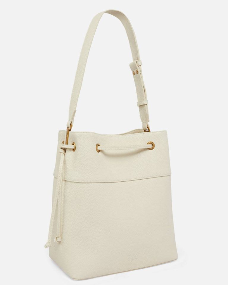 Shoulder Bags Pinko Leather Bucket Bag With Shoulder Strap White+White-Antique Gold - Image 2