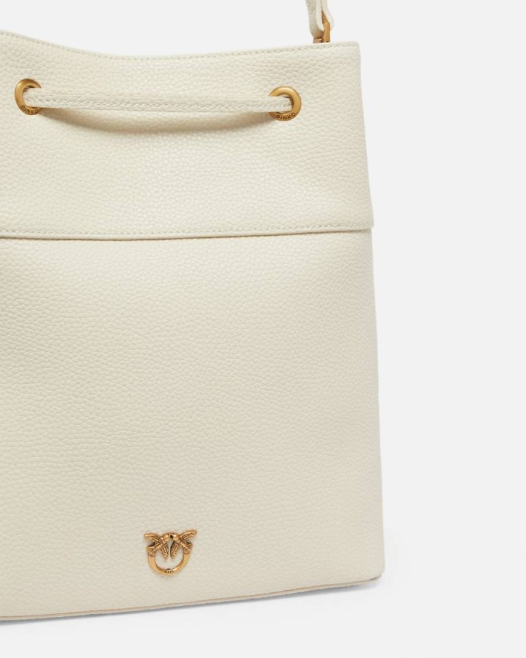 Shoulder Bags Pinko Leather Bucket Bag With Shoulder Strap White+White-Antique Gold - Image 3