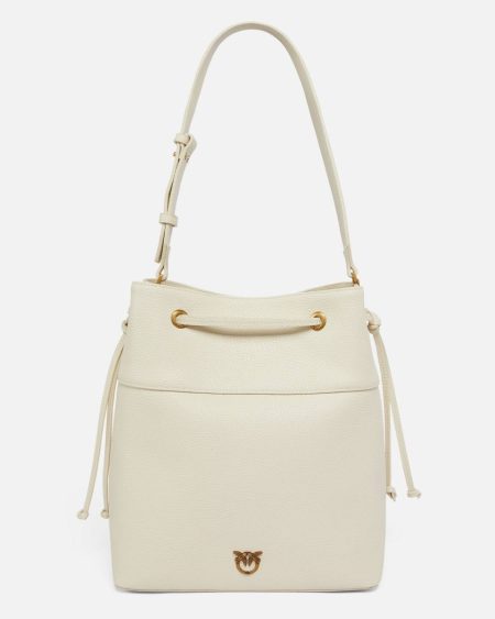 Shoulder Bags Pinko Leather Bucket Bag With Shoulder Strap White+White-Antique Gold
