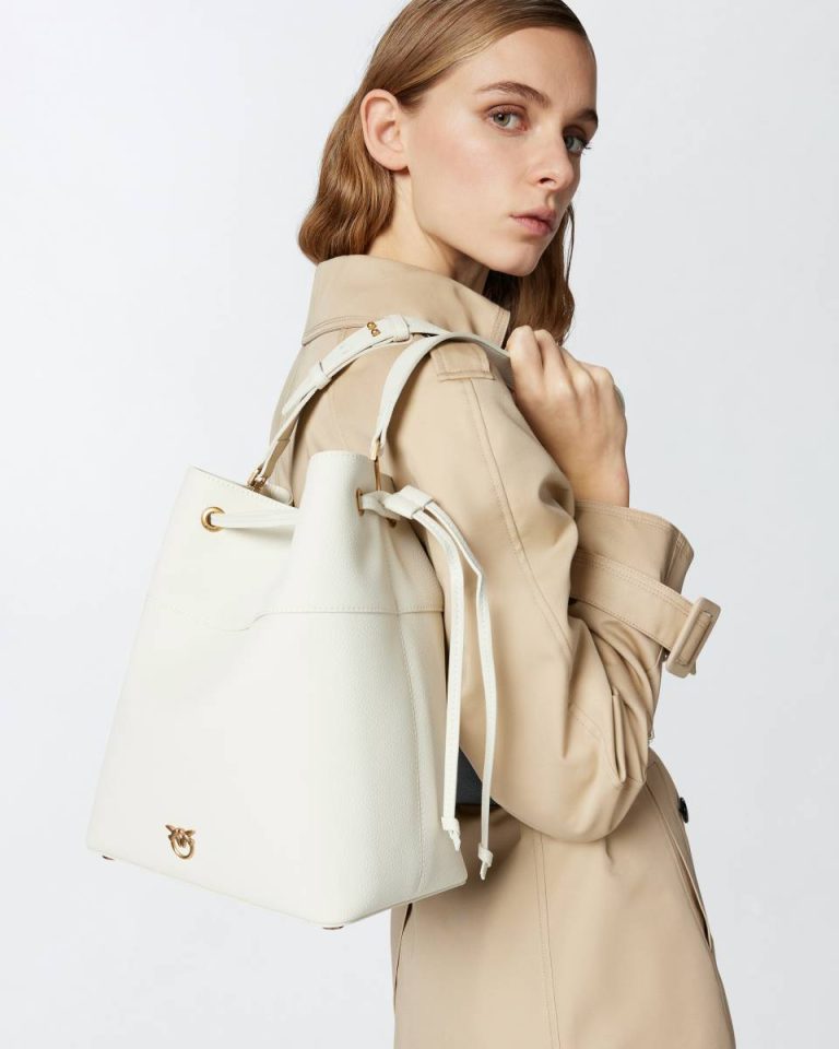 Shoulder Bags Pinko Leather Bucket Bag With Shoulder Strap White+White-Antique Gold - Image 5