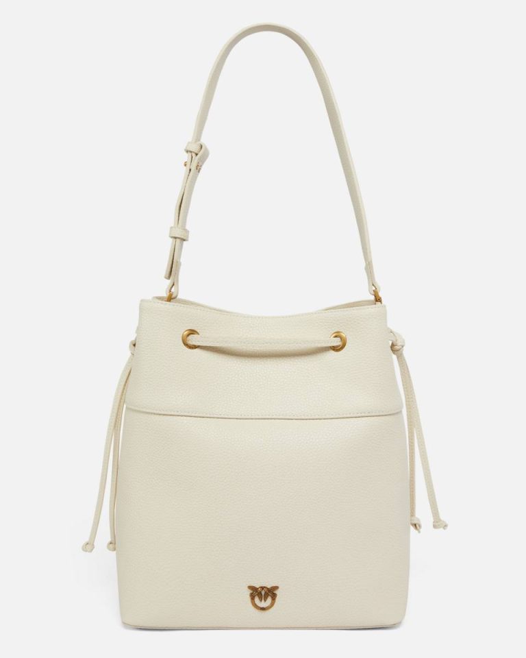 Shoulder Bags Pinko Leather Bucket Bag With Shoulder Strap White+White-Antique Gold