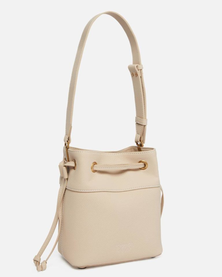 Shoulder Bags Pinko Small Leather Bucket Bag With Shoulder Strap Beige-Smoke Grey-Antique Gold - Image 2