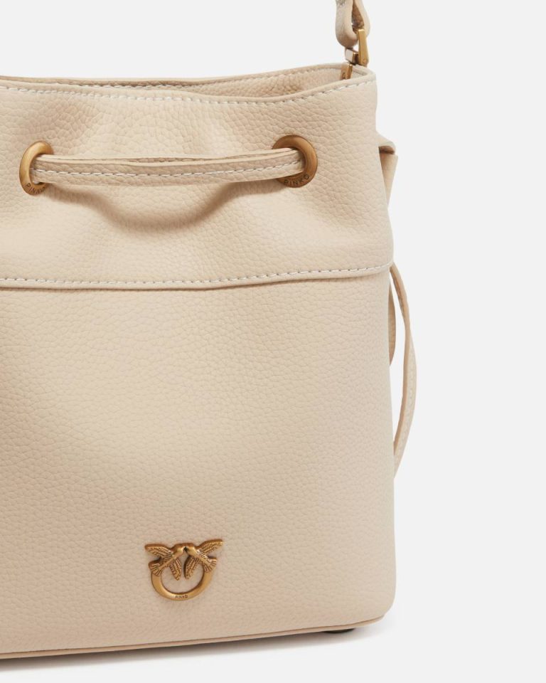 Shoulder Bags Pinko Small Leather Bucket Bag With Shoulder Strap Beige-Smoke Grey-Antique Gold - Image 3