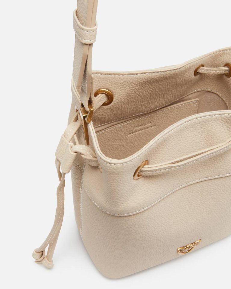Shoulder Bags Pinko Small Leather Bucket Bag With Shoulder Strap Beige-Smoke Grey-Antique Gold - Image 4