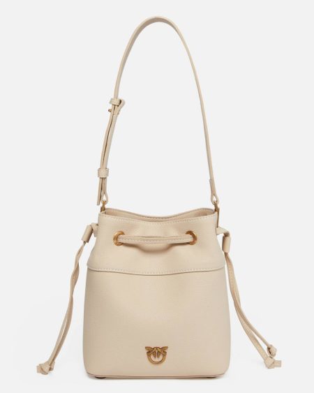 Shoulder Bags Pinko Small Leather Bucket Bag With Shoulder Strap Beige-Smoke Grey-Antique Gold