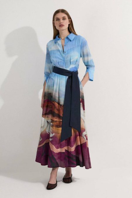 Silk Cotton Stallion Print Woven Belted Maxi Shirt Dress Maxi Dresses Karen Millen Women Blue
