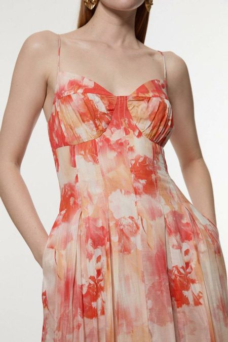 Silk Cotton Trailing Floral Strappy Midi Dress Karen Millen Women Midi Dresses Peach