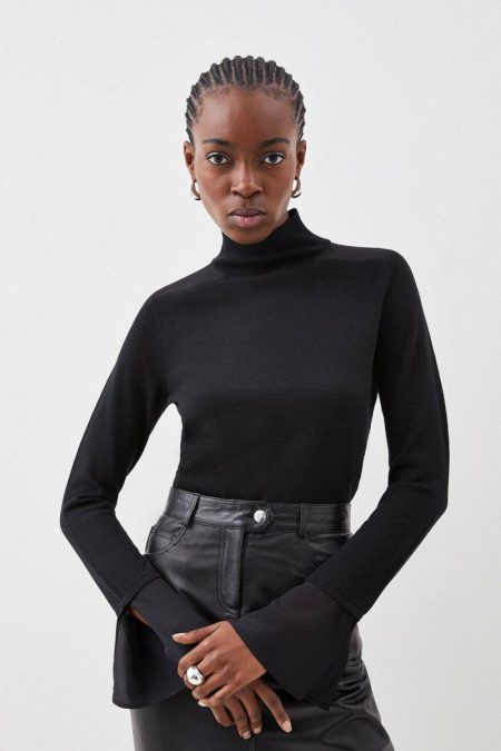 Silk Cuff Merino Knit Sweater Women Tailoring Karen Millen Plum