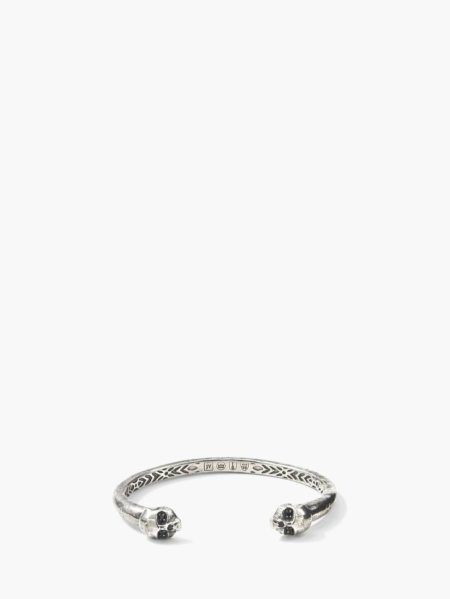 Silver John Varvatos Jewelry Men Skull Cuff Bracelet With Black Diamonds