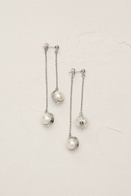 Silver Karen Millen Women Jewelry Silver Tone Logo Pearl Double Drop Earrings