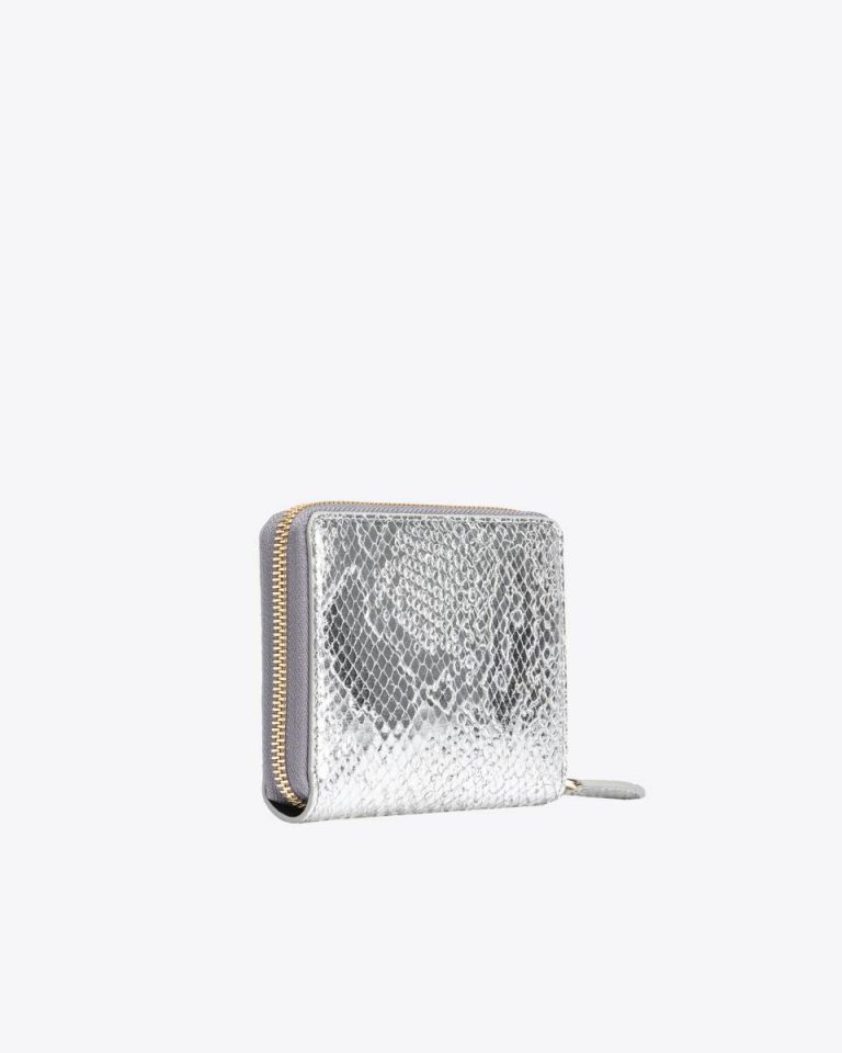 Silver-Light Gold Pinko Galleria Square Zip-Around Wallet In Punched Reptile Skin Purses - Image 2