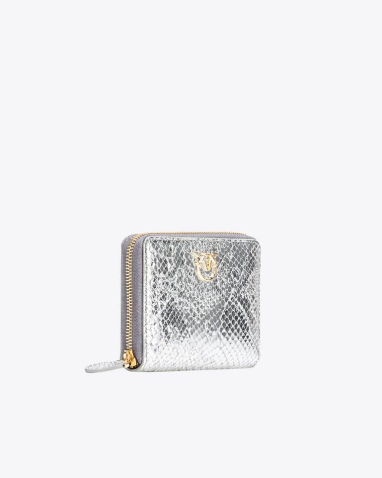 Silver-Light Gold Pinko Galleria Square Zip-Around Wallet In Punched Reptile Skin Purses - Image 3