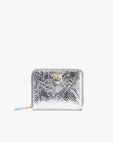 Silver-Light Gold Pinko Galleria Square Zip-Around Wallet In Punched Reptile Skin Purses