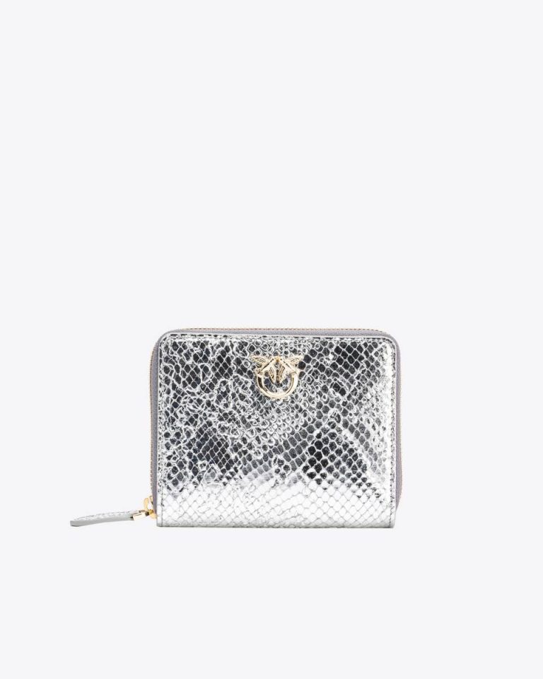 Silver-Light Gold Pinko Galleria Square Zip-Around Wallet In Punched Reptile Skin Purses