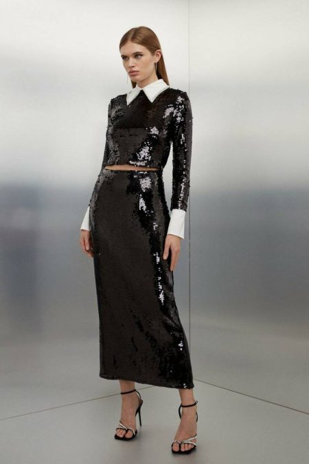 Silver Sequin Front Split Woven Midi Skirt Karen Millen Women Skirts