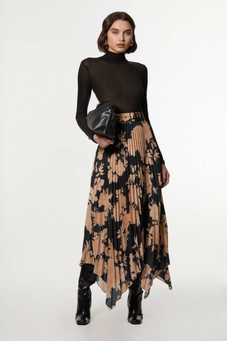 Skirts Ochre Women Georgette Belted Pleat Woven Midi Skirt Karen Millen